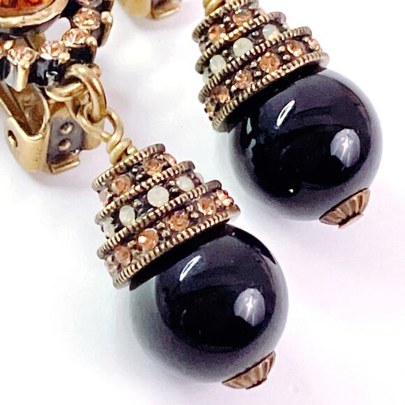 VTG Signed Heidi Daus Rhinestone Black Bead Faux Pearl Gold Clip Dangle Earrings - Picture 5 of 11